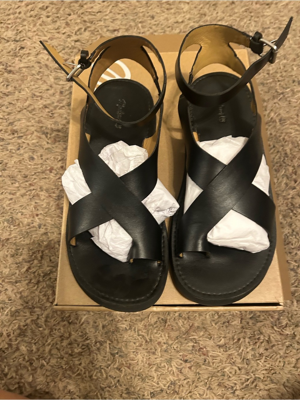 Natasha Couture Black Leather Crisscross Ankle Strap Sandals - Picture 3 of 7